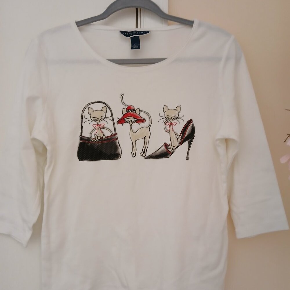 Karen Scott White 100% Cotton Top Glam Kitties sz PL
